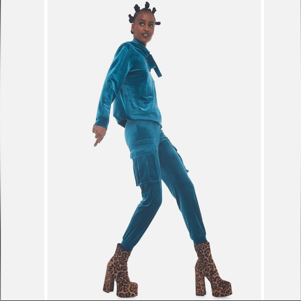 Norma Kamali size small bf hooded sweatshirt teal velvet
